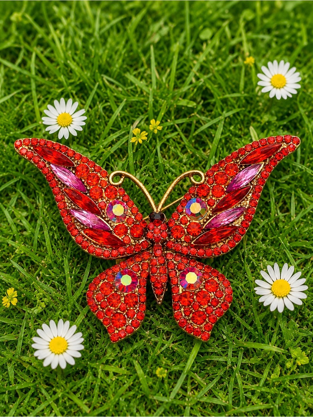 Red Crystal Butterfly Brooch with Pink Accents